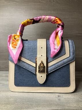 ALDO Blue White Handle Bag Scarf Accent Inner Pockets Includes Crossbody Strap